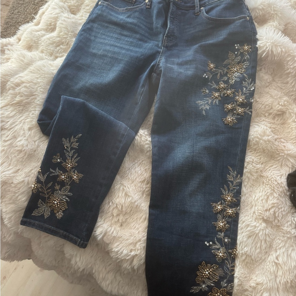 Chico's Midnight Blue Straight Leg Jeans with Gold Embroidery